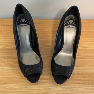 Fergalicious By Fergie Black Crystals Pump Open-Toe Shoes Stilettos Heel Size 7